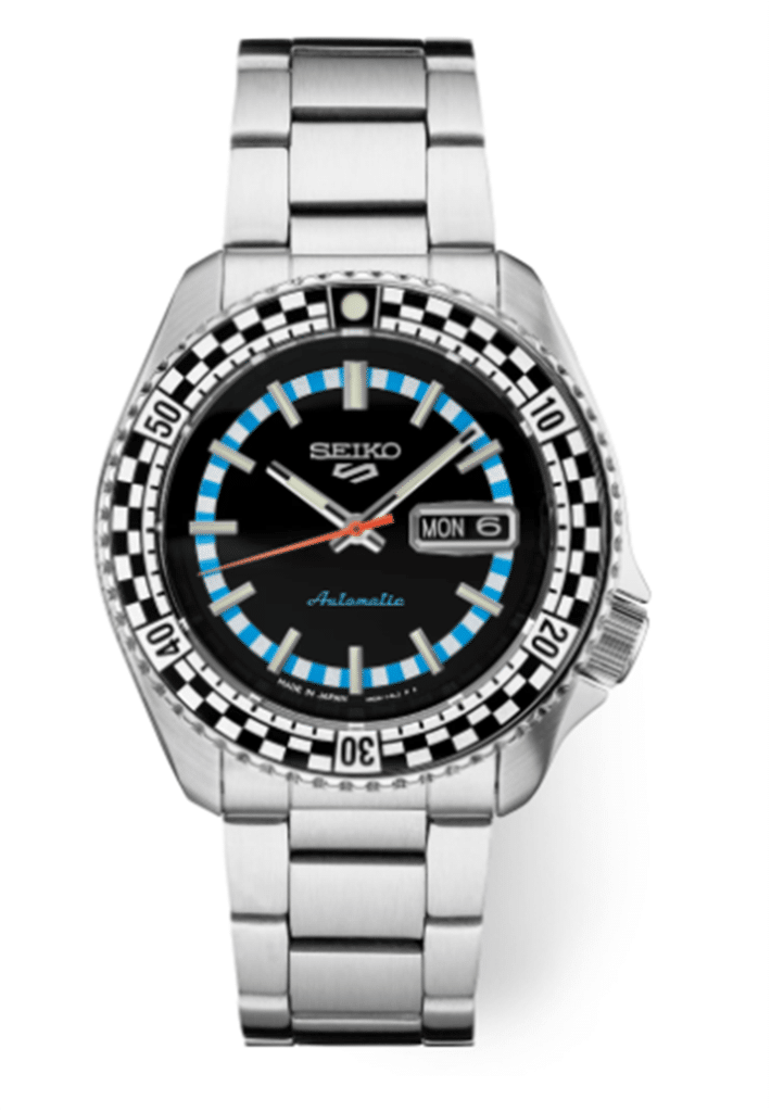 Stylish Seiko stainless steel watch with black dial, luminous markers, and unique checkerboard bezel.