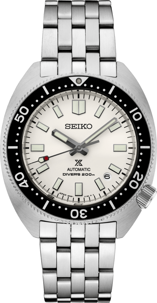 Sleek Seiko automatic divers watch with stainless steel case, luminescent dial, and 200m water resistance.