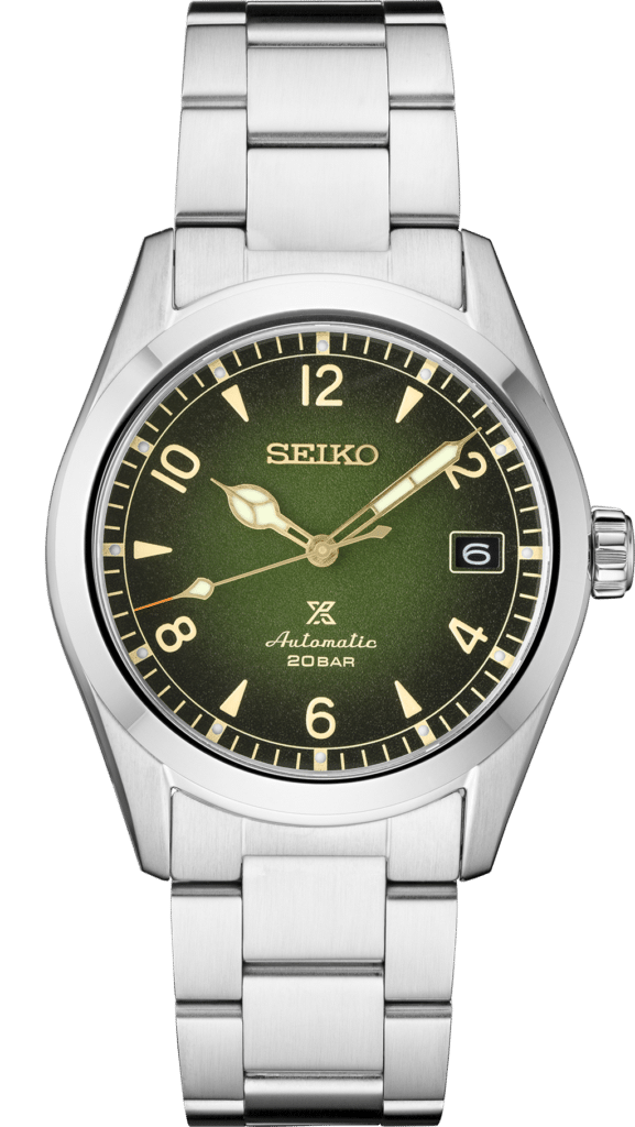Elegant Seiko automatic watch with dark green dial, stainless steel case, and water resistance.