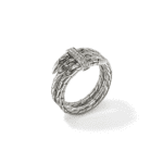 Intricate silver ring with diamond buckle design, showcasing craftsmanship and timeless elegance.