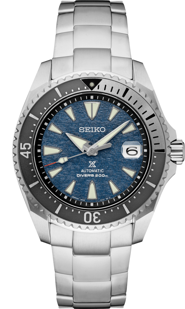 Seiko automatic divers watch featuring a blue textured dial, stainless steel case, and durable design.