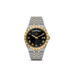 Elegant Tudor watch featuring a dual-tone stainless steel and gold bracelet with a black dial.