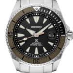 Seiko dive watch featuring stainless steel, luminous dial, and unidirectional rotating bezel for divers.