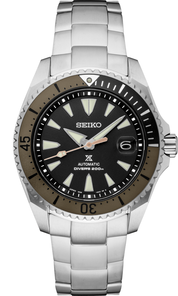 Seiko dive watch featuring stainless steel, luminous dial, and unidirectional rotating bezel for divers.