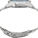 Sleek stainless-steel wristwatch with a polished design, intricate dial, and flexible link strap.