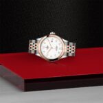 Elegant Tudor watch with rose gold accents on a striking red and black background.