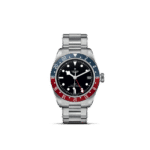 Tudor watch with stainless steel case, black dial, bi-colored bezel, and elegant design.