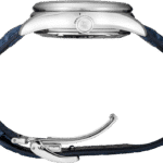 Elegant silver wristwatch with a deep blue leather strap, showcasing modern design and craftsmanship.