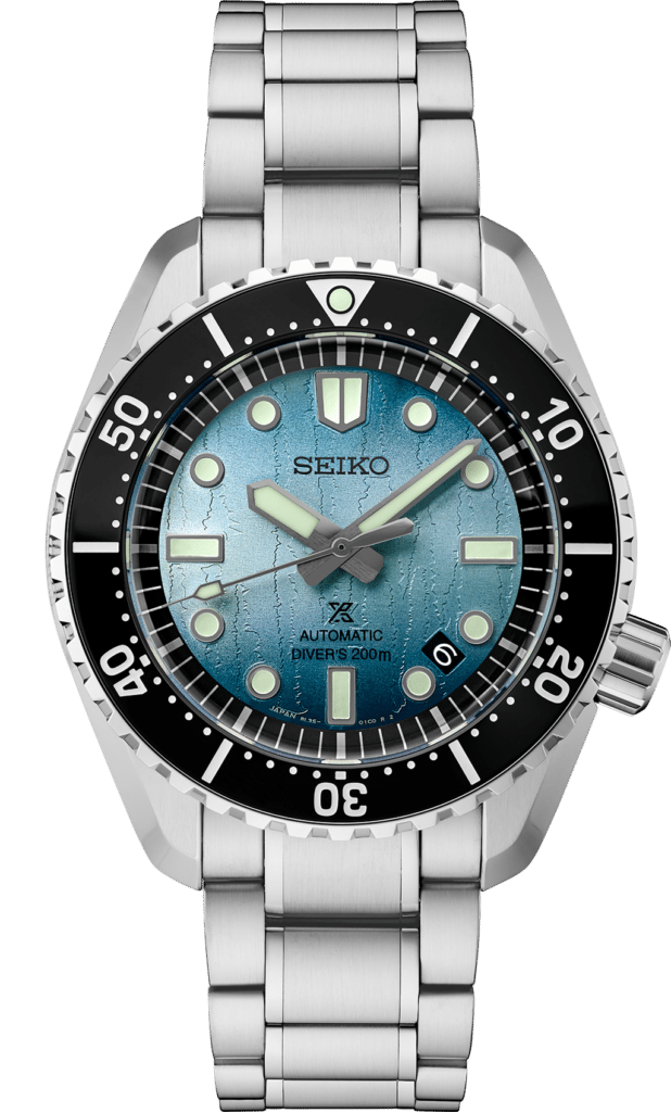 Seiko automatic divers watch with blue gradient dial, 200m water resistance, and stainless steel bracelet.