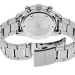 Modern stainless steel Seiko watch with a polished finish and detailed case back.