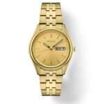 Elegant Seiko gold wristwatch with minimalist design, polished case, and practical date function.