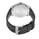 Seiko watch back showcases polished stainless steel, logo, and sporty textured strap design.