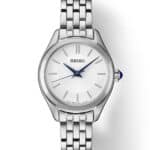 Elegant Seiko wristwatch with a polished silver finish and stylish blue hands.