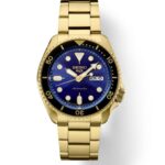 Stylish Seiko automatic watch with blue dial, gold case, and elegant bracelet for any occasion.