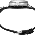 Stylish wristwatch with silver-tone case and black leather strap for modern elegance.