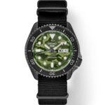 Stylish Seiko automatic watch with black casing and unique camouflage face for outdoor enthusiasts.