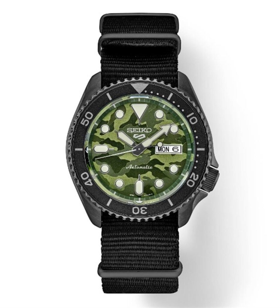 Stylish Seiko automatic watch with black casing and unique camouflage face for outdoor enthusiasts.