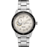 Elegant Seiko Presage watch featuring automatic movement, open heart design, and polished stainless steel bracelet.