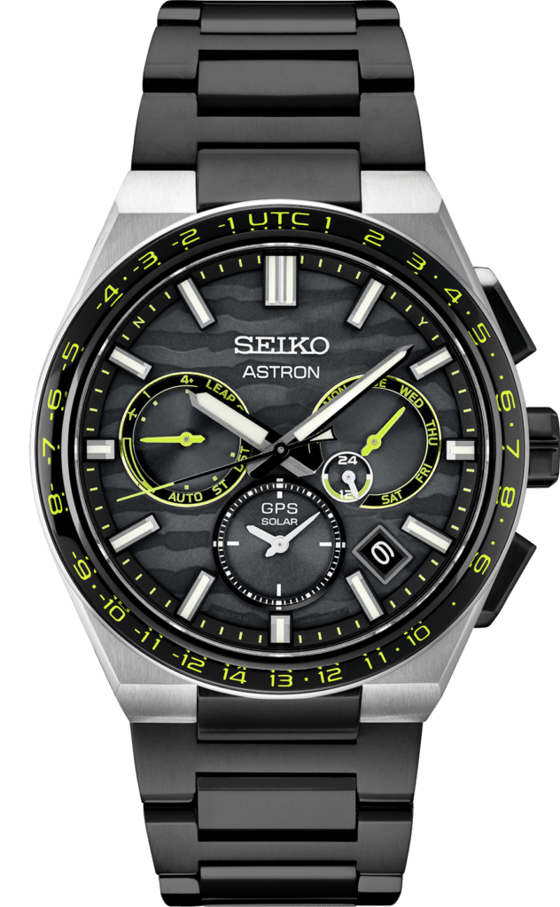 Seiko Astron watch with black dial, luminous features, and stainless steel bracelet.