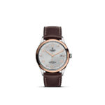 Elegant Tudor watch featuring rose gold bezel, silver textured dial, and brown leather strap.