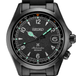 Stylish Seiko watch with black metal case, luminous hands, and sporty design for outdoor adventures.