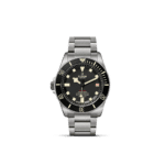 Tudor diving watch features a black dial, stainless steel case, and robust design for underwater exploration.