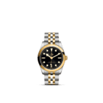 Tudor luxury watch with stainless steel and gold, featuring a black dial and two-tone bracelet.