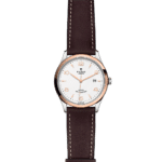 Elegant Tudor watch with stainless steel case, rose gold accents, and brown leather strap.