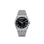 Elegant Tudor watch in stainless steel with black dial, Roman numerals, and date feature.