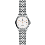 Elegant Tudor stainless steel wristwatch with minimalist white dial and automatic self-winding movement.