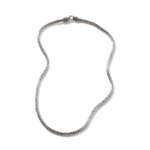 Elegant silver braided necklace with intricate clasp on a minimalist background.