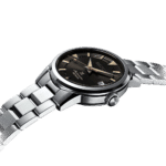 Seiko stainless steel wristwatch with black dial, date display, and water resistance features.