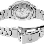 Sleek stainless steel watch featuring a polished case, brushed bracelet, and transparent case back.