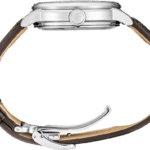 Elegant stainless steel wristwatch with luxurious brown leather strap and secure deployment clasp.