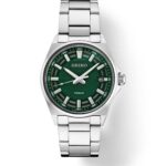 Vibrant green Seiko watch featuring a polished silver bezel and stainless steel bracelet.