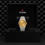 Tudor luxury watch in a stylish black box, featuring stainless steel and gold accents.