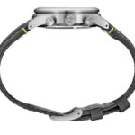 Stylish stainless steel chronograph wristwatch with sporty fabric strap and vibrant yellow accents.