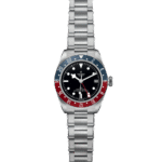 Tudor stainless steel watch features a black dial, GMT bezel, and elegant design for versatility.
