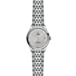 Tudor stainless steel watch features elegant design, silver dial, and orange accents for readability.