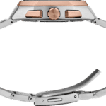 Elegant rose gold and steel wristwatch with unique design, chronograph features, and luxurious bracelet.