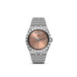 Luxurious Tudor watch with rose gold dial, diamond markers, and stainless steel bracelet.