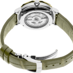 Stylish Seiko wristwatch with green leather strap and transparent case showcasing mechanical movement.