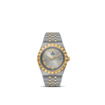 Elegant Tudor watch with gold accents, Roman numerals, and a two-tone bracelet design.