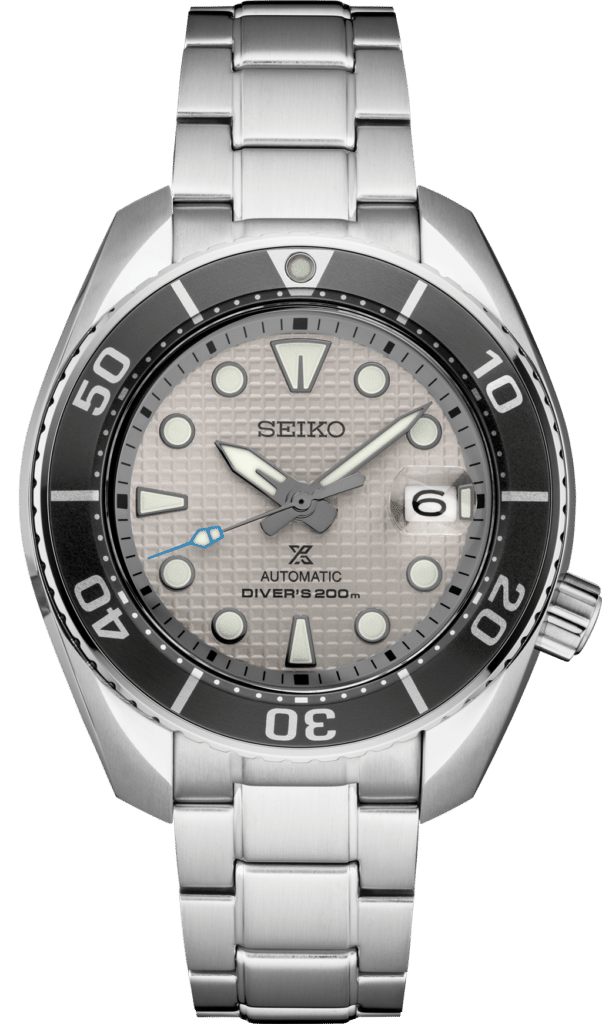 Seiko diving watch: stainless steel, 200m water resistance, stylish with luminous features.