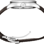 Stylish silver watch with a brown leather strap, showcasing elegance and craftsmanship in design.