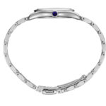 Elegant silver wristwatch with a striking blue stone and refined linked bracelet design.