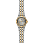 Elegant Tudor watch in stainless steel and gold with a gray dial and Roman numerals.