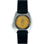 Limited edition Seiko watch with vibrant yellow background, skull motif, and unique design.