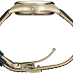 Elegant gold wristwatch with blue leather strap, featuring a stylish deployment clasp and decorative crown.