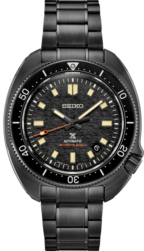 Elegant Seiko dive watch with black stainless steel and luminous features for underwater adventures.